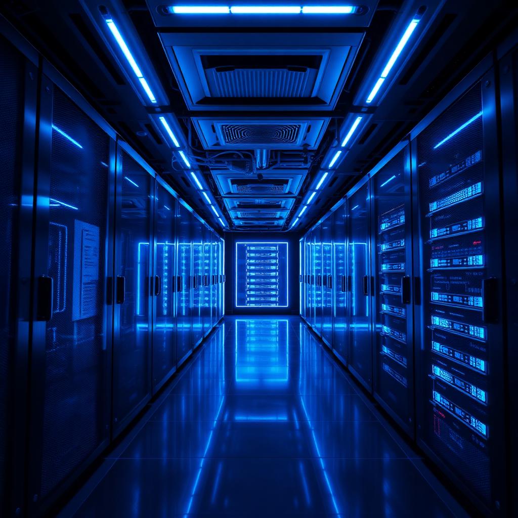 Data center moderno com iluminação azul