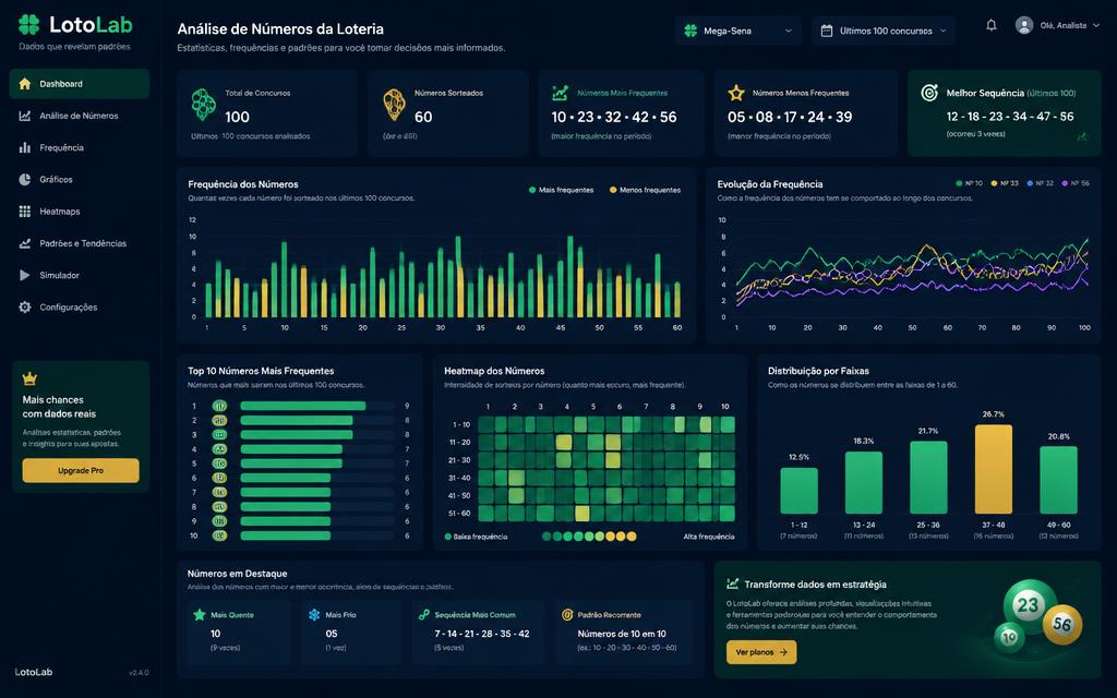 Painel da plataforma LotoLab com estatísticas de loteria